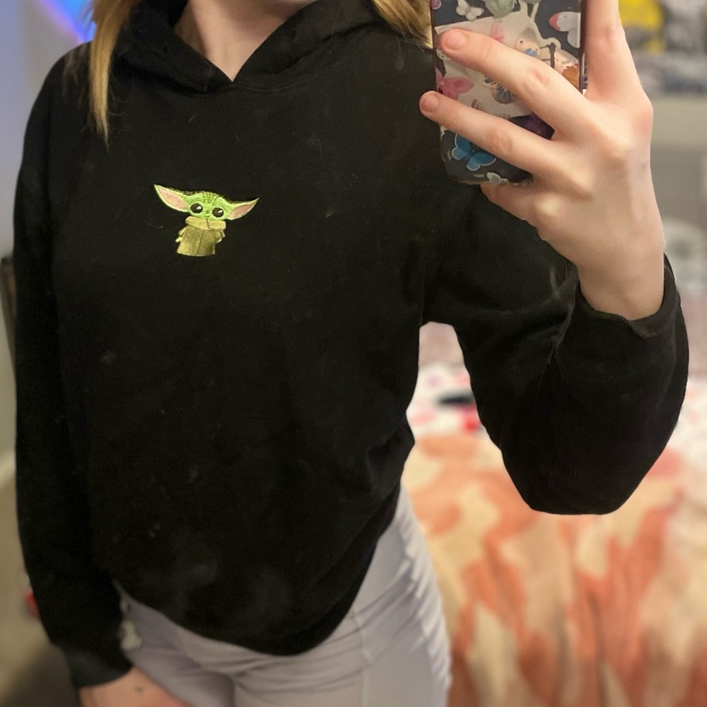Black Hoodie with Green Baby Yoda Design